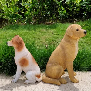 Resin dog statues for garden decor, cute puppy sculpture outdoor ornament set of two.
