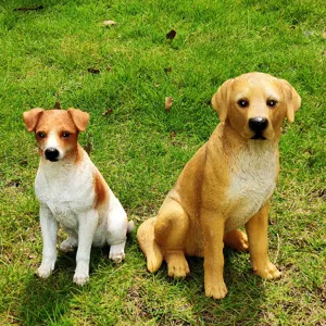 Resin dog statues for garden decoration, detailed texture and vivid expression for outdoor use.