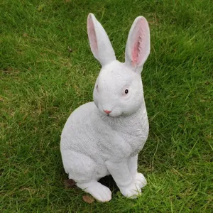 White resin rabbit garden statue outdoor lawn ornament detailed view closeup display