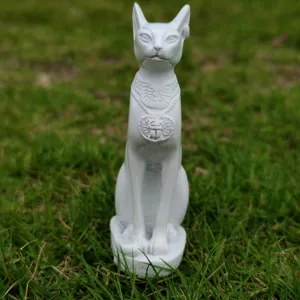 Detailed view of white resin ancient Egyptian Bastet cat goddess statue decor ornament.