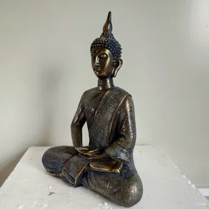 Thai Sakyamuni Buddha resin figurine, antique bronze finish sculpture for home decor and tabletop display.