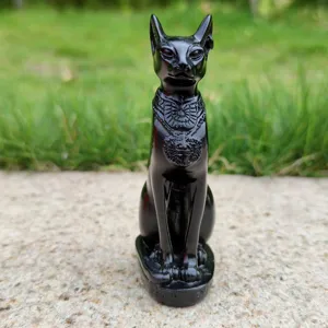 Black resin Egyptian cat goddess Bastet statue ornament, exquisite carved pharaoh craft decor.