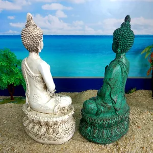 Resin Thai Sakyamuni Buddha statue detail ornament, vintage religious home decor craft figure.