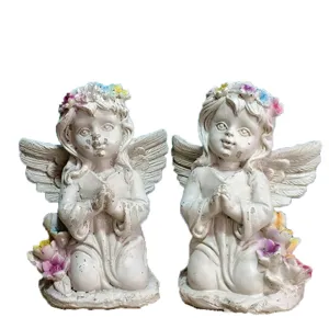 Statues d'anges priant rétro vintage en résine avec couronnes de fleurs pour déco de jardin accessoires.