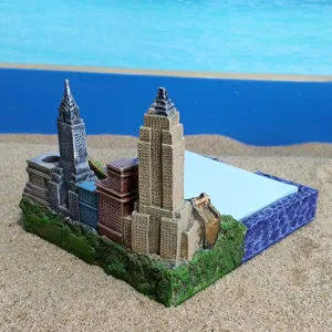 New York skyline architectural pen holder and sticky note organizer resin sandbox toy.