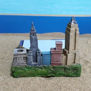 New York architecture resin pen holder detail view, famous buildings miniature desktop ornament.