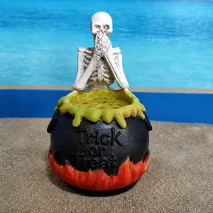 Halloween Resin Skull Skeleton Figurine Cauldron Ornament Scary Spooky Tabletop Decor Party Props Gift