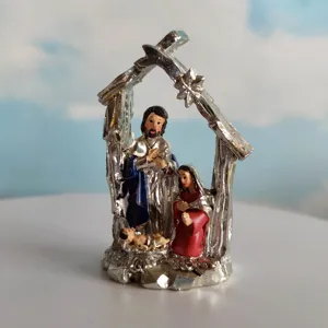 Piccola Statua Presepe in Resina Sacra Famiglia Capanna Set Decorazione da Tavolo