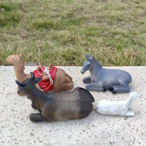 Resin animal figurine set for nativity scene, featuring camel, ox, donkey, and sheep.