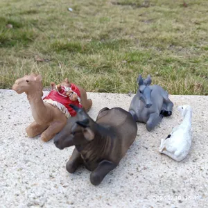 Resin nativity animals figurines set including camel, ox, donkey, and sheep for decor.