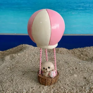 Hot air balloon resin ornament detail, cute bear in basket, mini sand tray toy accessory.