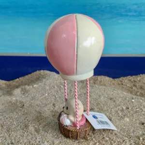 Resin hot air balloon bear figurine detail view, sandplay therapy miniature toy accessory.