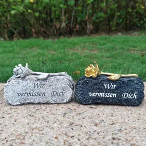 Resin Memorial Tombstone Ornament With Gold Rose German Mourning Text Grave Cemetery Decorative Stone