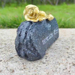 Memorial stone grave marker resin memorial decoration with gold rose for garden graveyard decor