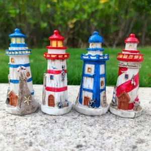 Miniature resin lighthouse ornaments set, Mediterranean style decor for fish tank or sand table.