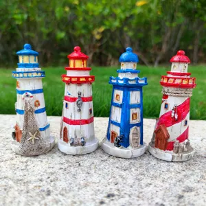 Mediterranean style miniature lighthouse resin ornaments set for fish tank and home decor.