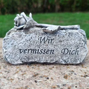 Memorial stone ornament with carved rose and German text, perfect for grave and garden decor.