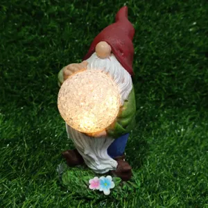 Solar garden gnome resin statue with glowing mosaic glass ball for outdoor yard decor