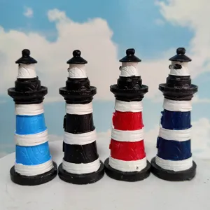 Resin lighthouse figurine detail view, Mediterranean style decor for fish tank or sand table.