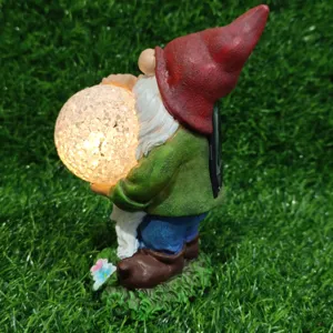 Solar garden gnome statue with cracked glass ball light resin dwarf outdoor decor