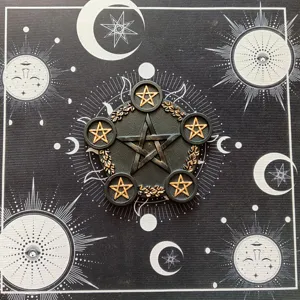 Resin pentagram altar tile ornament candlestick mystical ritual tabletop decor detail shot