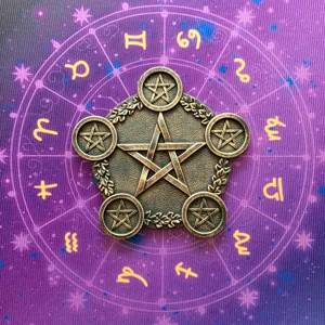 Resin pentagram candle holder altar tray, vintage bronze finish, perfect ritual decor.
