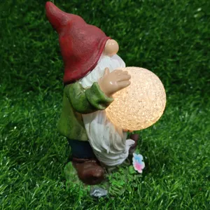 Solar garden gnome statue with crackled glass ball light resin dwarf figurine for outdoor yard decor