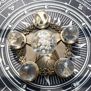 Pentagram resin ornament set with crystal balls for mystical home decor and divination props.