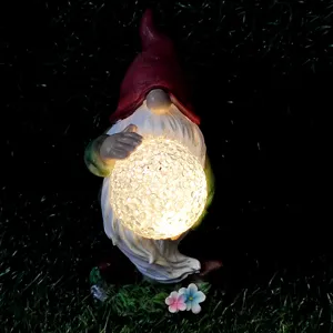 Solar Powered Gnome Garden Statue Resin Elf Figurine with Crackle Glass Ball Light for Outdoor Decor