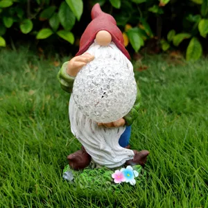 Solar garden gnome resin statue with crackle glass ball light outdoor yard lawn decor