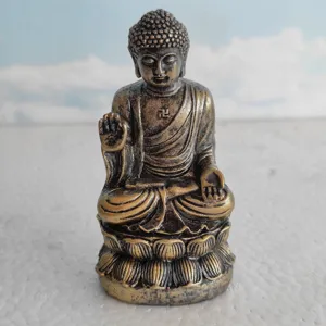 Miniature bronze Buddha figurine statue sitting on lotus base for meditation sand play