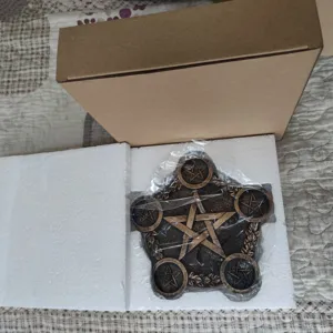 Resin pentagram candle holder altar tray, vintage pagan pentacle home decor ornament.