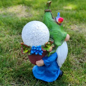 Solar Garden Gnome Statue Resin Figurine with Crackle Glass Ball Light Outdoor Yard Decor