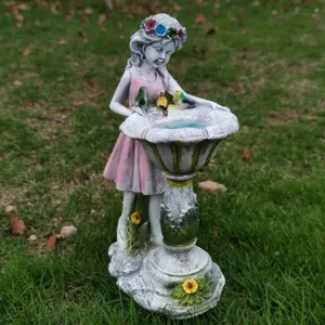 Resin solar fairy garden statue outdoor lawn decor cute birdbath ornament details view