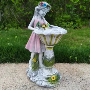Resin flower fairy garden statue with bird feeder, outdoor lawn yard decor ornament for patio.