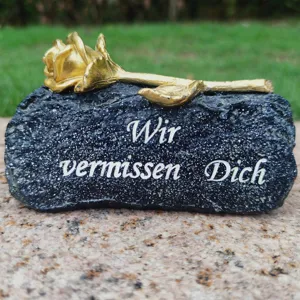 Memorial grave stone ornament with gold rose and German remembrance text for loved ones