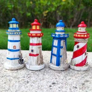 Detailed view of Mediterranean style resin lighthouse ornaments set, perfect for aquarium and decor.