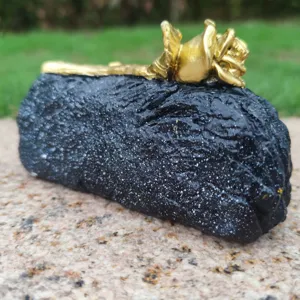 Black resin memorial tombstone ornament with gold rose decor for grave outdoor decoration.