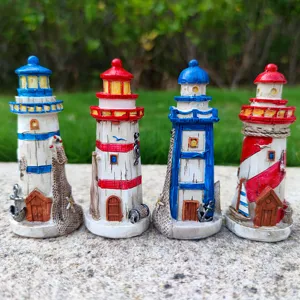 Mediterranean style resin lighthouse miniature figurines, aquarium and home decor details.