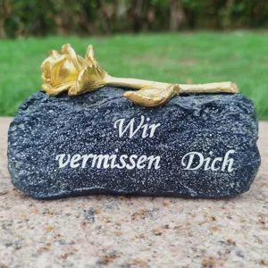 Memorial stone grave decoration with golden rose, sympathy keepsake for lost loved ones