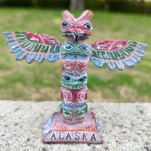 Resin totem pole figurine detail view, unique carved craft ornament for sandplay games.