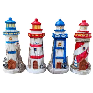 Mediterranean style resin lighthouse ornament set for aquarium fish tank and home decor display.