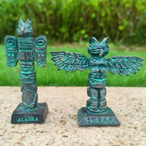 Resin totem pole figurine detail view, miniature sand table game prop, antique green desktop ornament