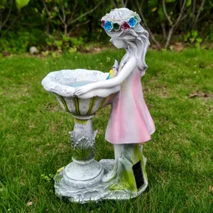 Resin solar fairy garden statue with bird bath, cute outdoor lawn yard decor figurine.