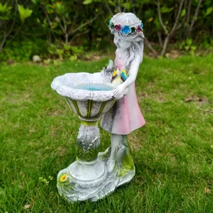 Resin fairy garden statue solar light outdoor yard lawn decoration ornament bird bath cute