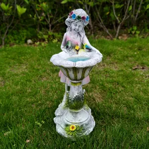 Detailed view of resin fairy bird bath garden statue outdoor lawn yard decor ornament