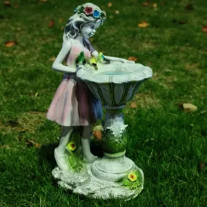Resin fairy garden statue with cute birds, outdoor lawn decor ornament for yard and patio.