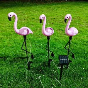 Solar flamingo garden light detail, waterproof LED landscape lawn stake, outdoor yard decor.