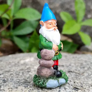 Gedetailleerd overzicht van miniatuur tuinkabouter beeldje met blauwe hoed en witte baard decor.