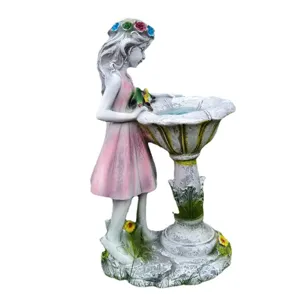 Resin flower fairy garden statue with birdbath solar light outdoor lawn decoration ornament